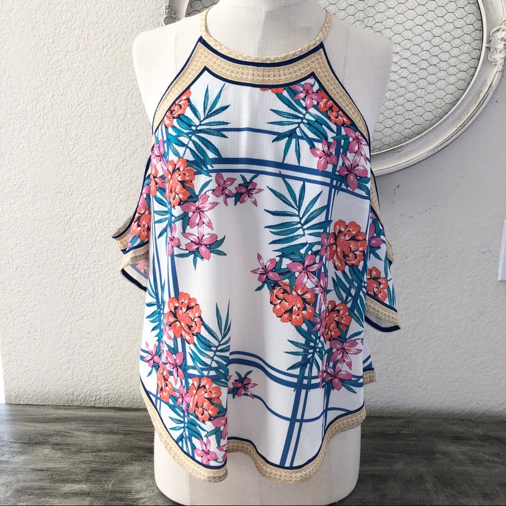 Flying Tomato Cold Shoulder Floral halter Blouse